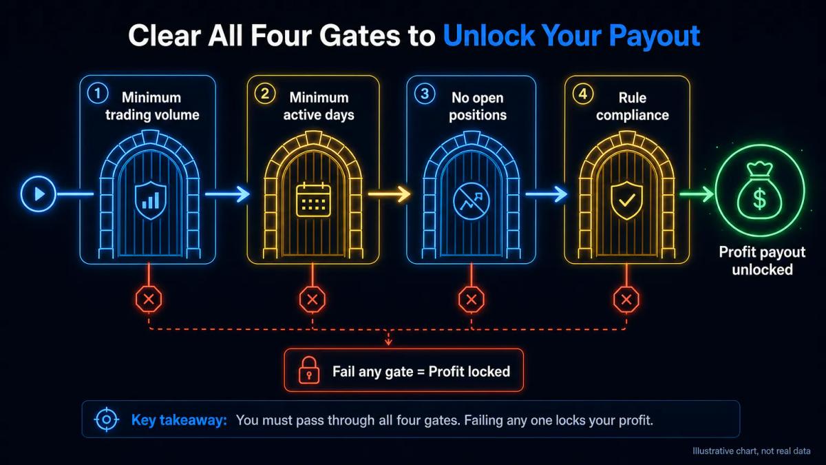 Four sequential gates or checkpoints labeled with withdrawal requirements: trading volume, active days, open positions, rule 