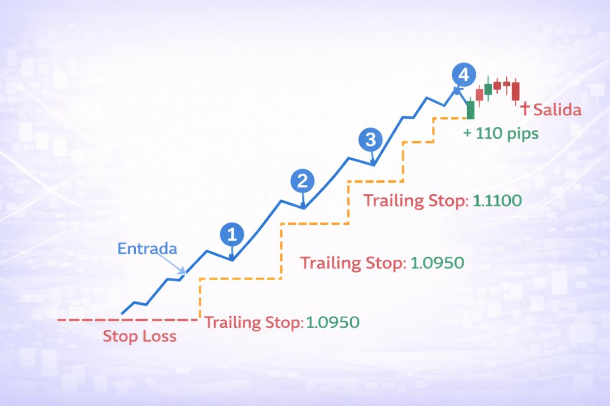 Gráfico con ejemplo numérico paso a paso de operación long en EUR/USD mostrando precio de entrada, trailing stop inicial, tres puntos de ajuste hacia arriba y punto de activación final con etiquetas numéricas