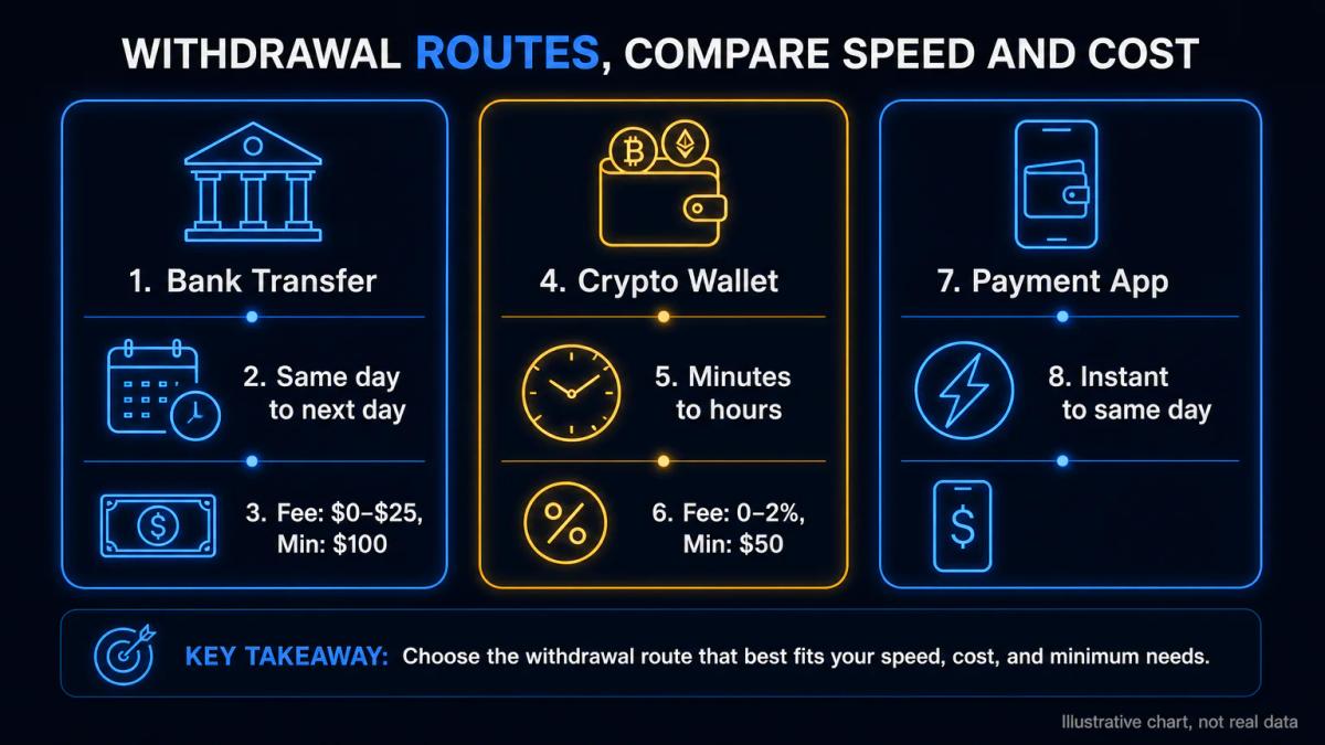 Three withdrawal method icons with processing time and fee labels: bank transfer, crypto wallet, and payment app