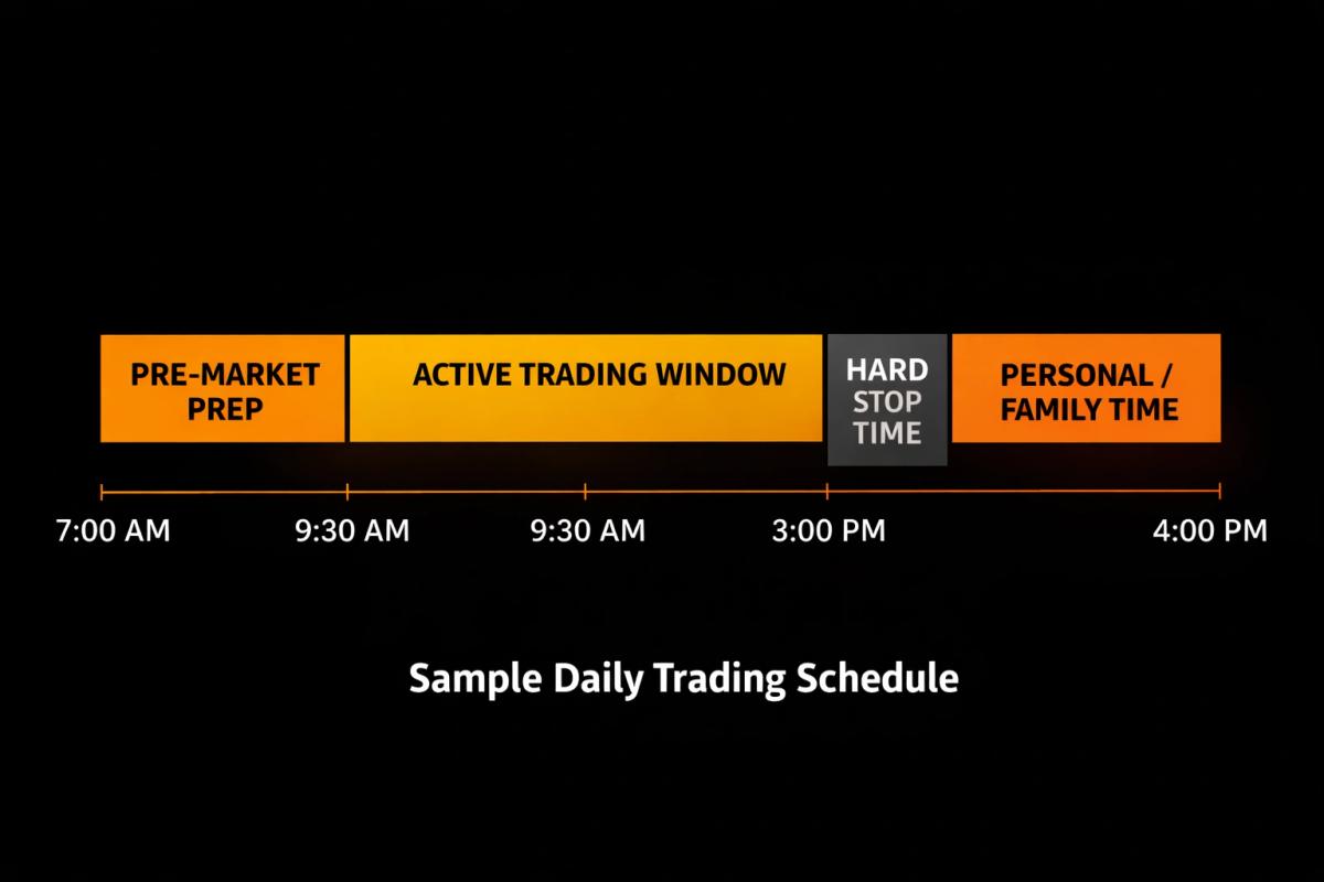 Sample daily trading schedule timeline showing pre-market prep active trading window hard stop time and personal time blocks