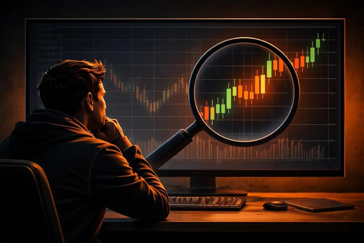 Illustration of a trader focusing a magnifying glass on recent price chart candles while earlier data fades, representing recency bias in trading