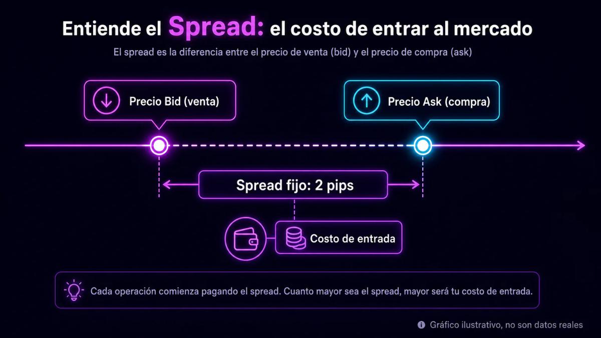 Diagrama de bid-ask mostrando spread fijo de 2 pips entre precio de compra y venta