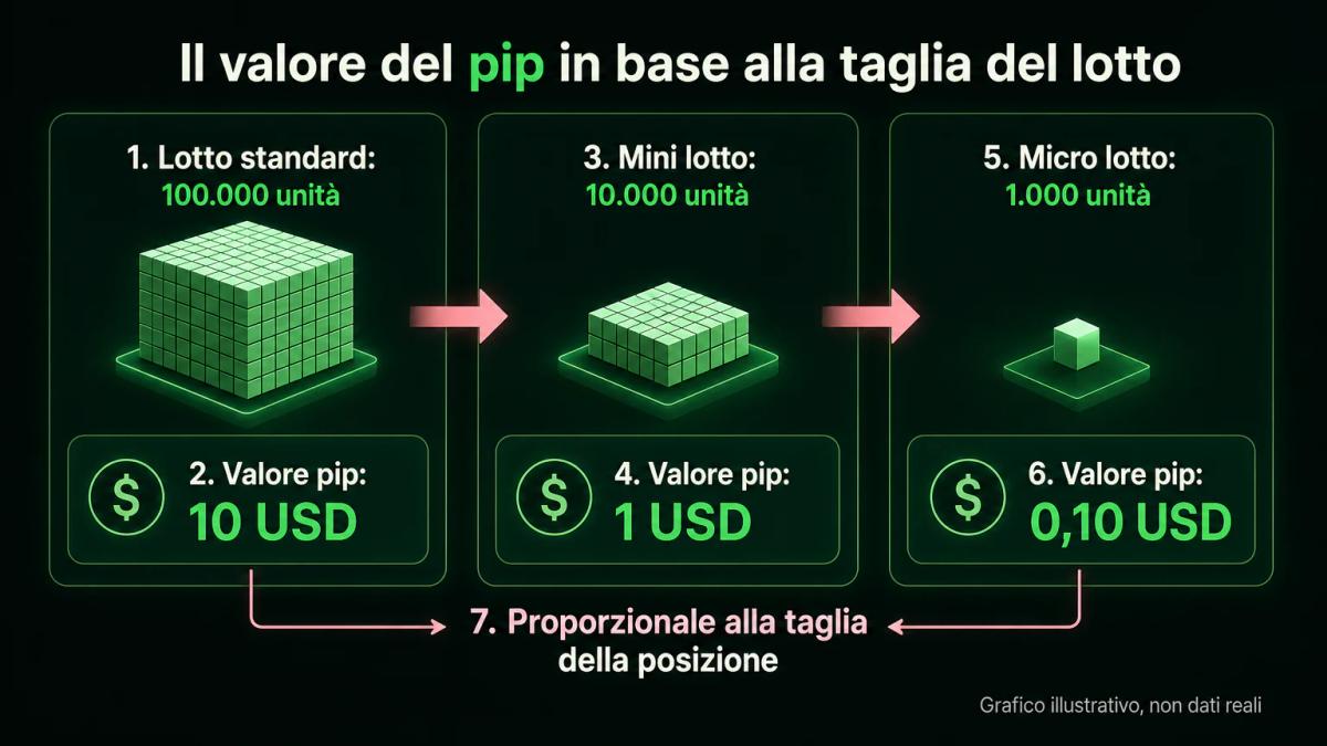 Grafico editoriale che mostra il valore del pip su tre tagli di lotto diversi con annotazioni