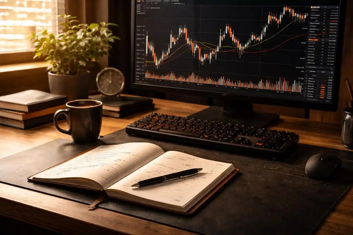 Organized trading desk with journal and charts in morning light representing a structured trading routine