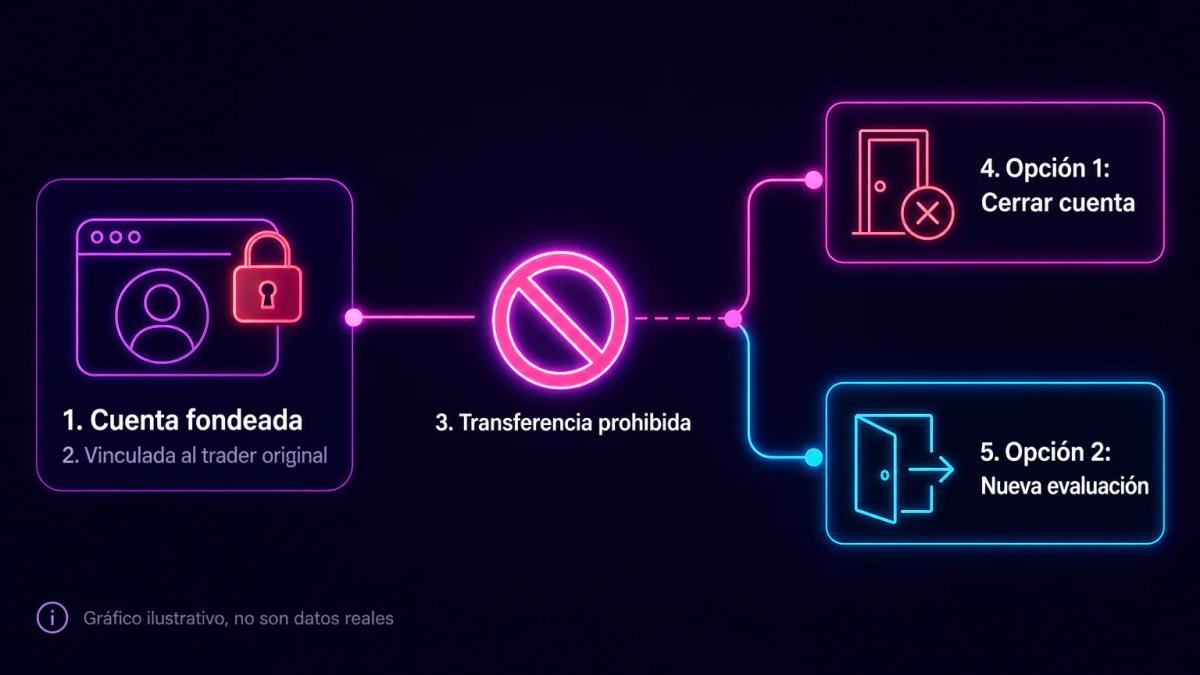 Diagrama de flujo mostrando cuenta fondeada bloqueada con símbolo de prohibición y dos caminos alternativos divergentes