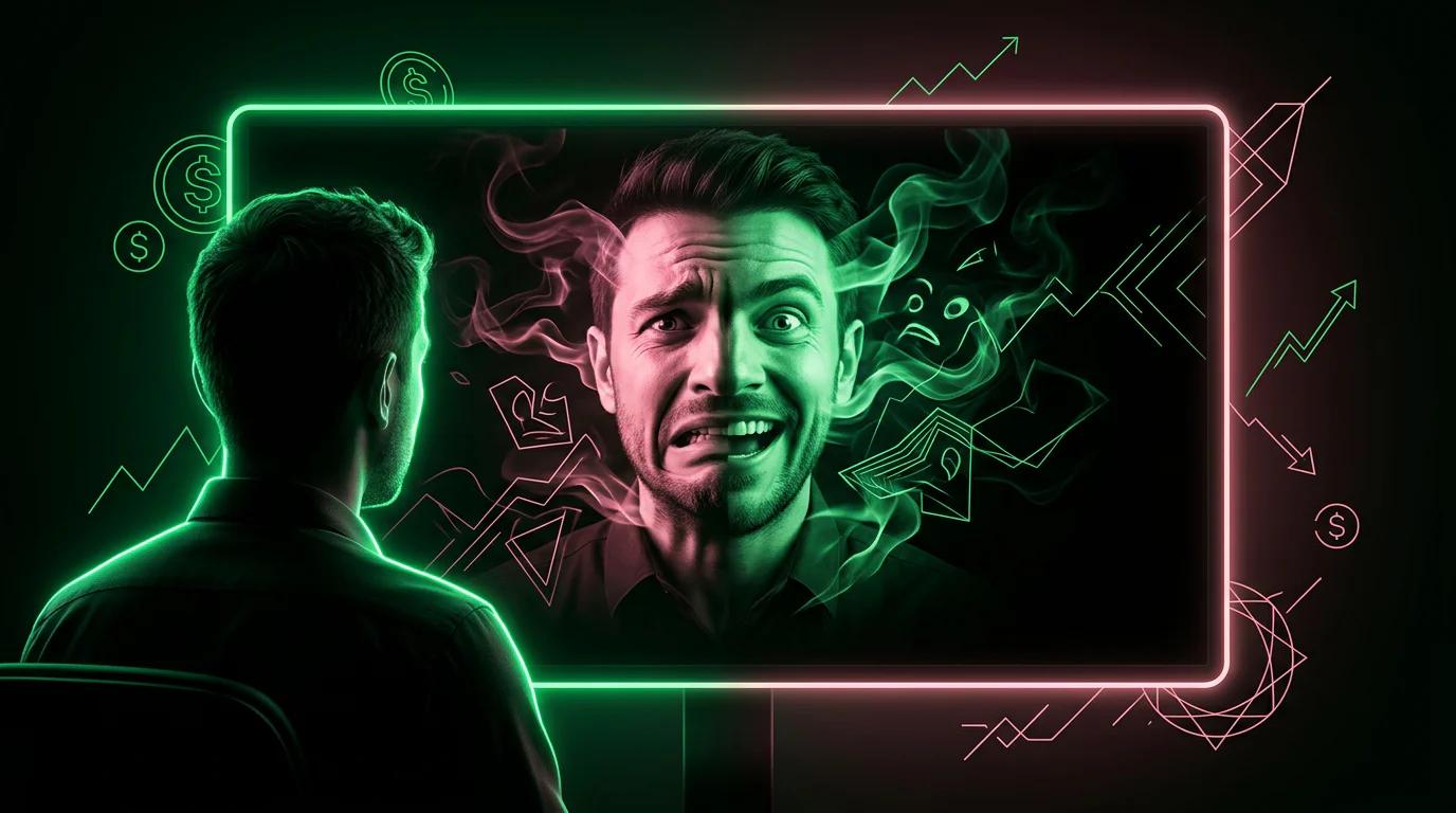 Trader che osserva il proprio riflesso distorto in uno schermo di trading mentre le emozioni prendono forma