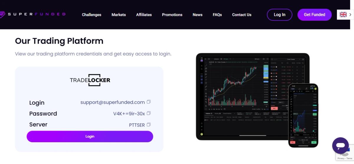 TradeLocker trading platform interface used by SuperFunded showing charts and trading tools