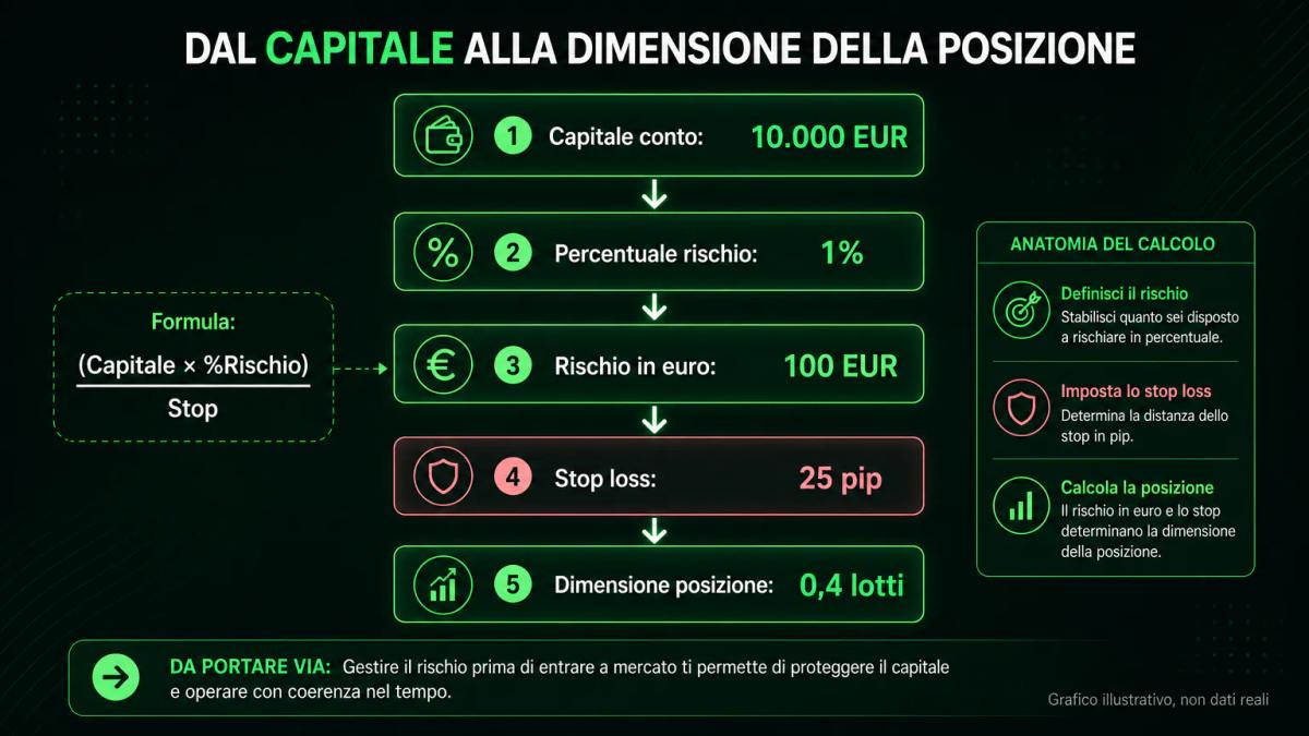 Infografica della formula di position sizing con i tre componenti: capitale, percentuale di rischio e distanza dello stop los