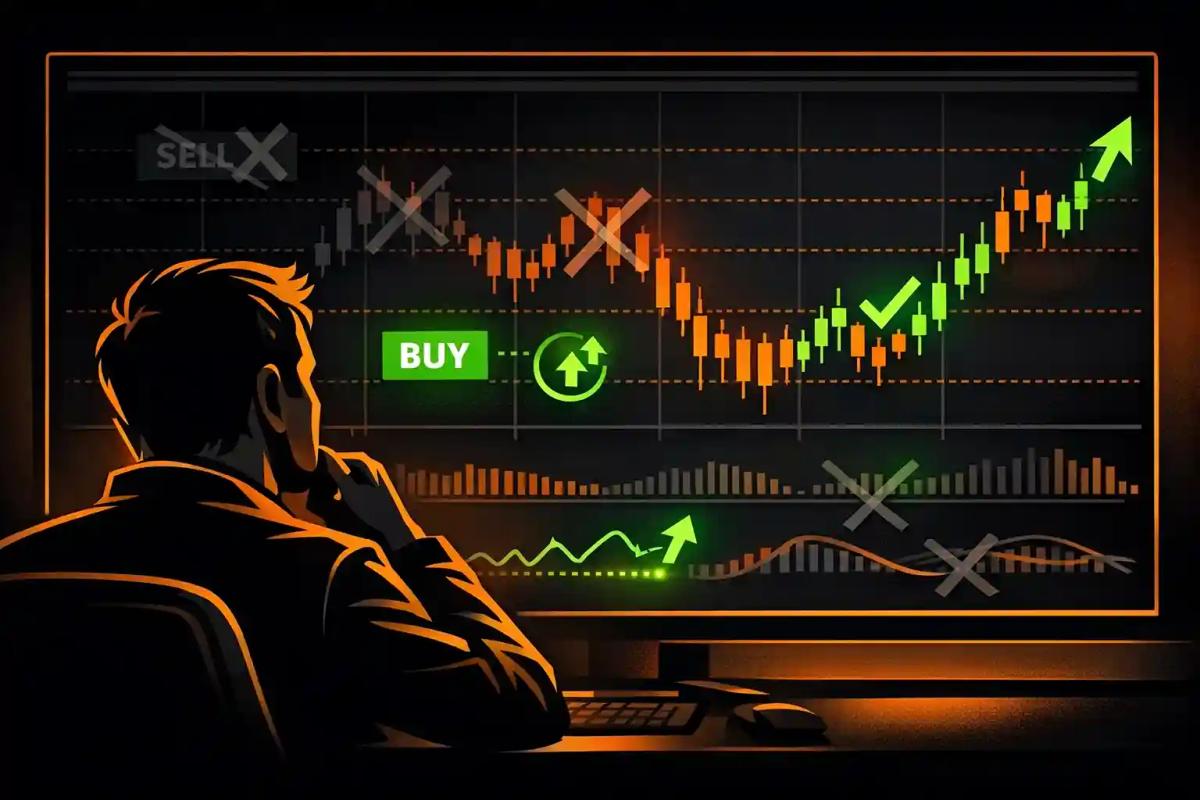 Illustration of a trader viewing a chart with bullish signals highlighted and bearish signals faded, representing confirmation bias in trading