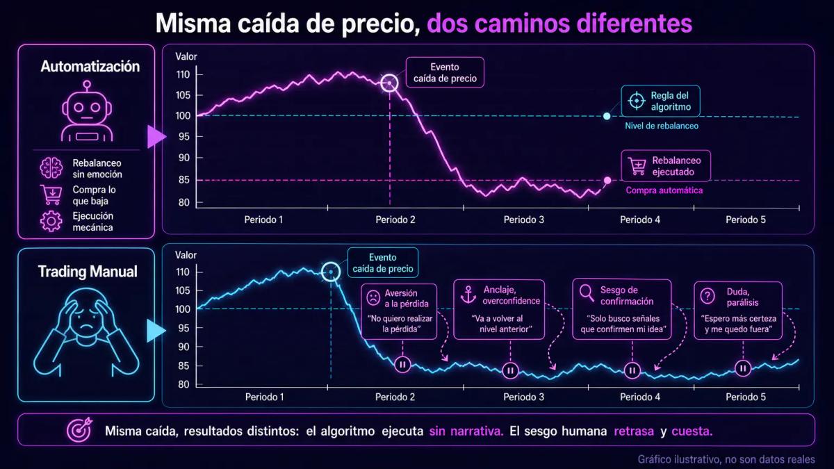Dos escenarios de mercado en caída: uno donde el algoritmo rebalancea automáticamente, otro donde el operador manual lucha co