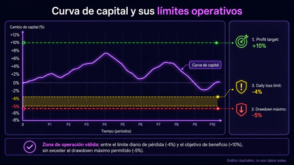 Tres límites de riesgo simultáneos en prop firm: profit target objetivo, drawdown máximo y daily loss limit representados com