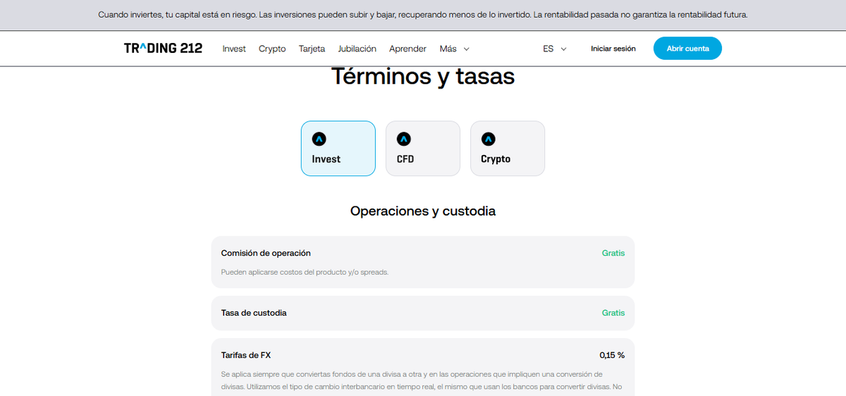 Tabla de cuentas Invest e ISA junto a CFD en Trading 212 con principales comisiones