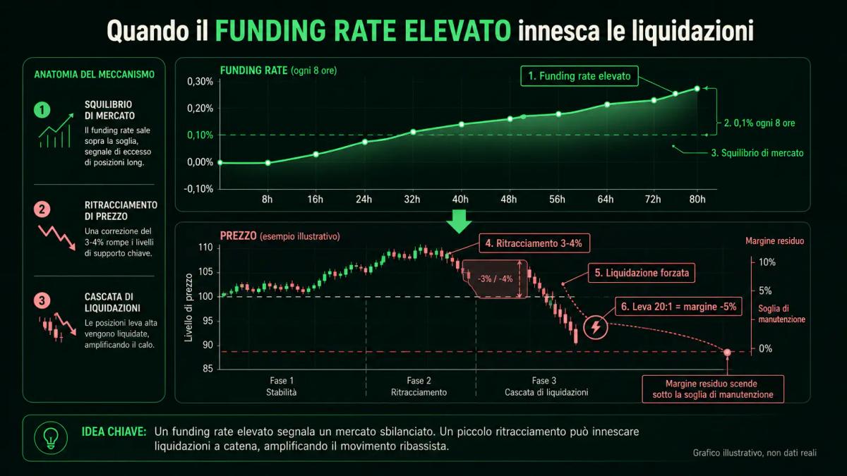 Grafico editoriale che mostra come funding rate elevati precedono movimenti di prezzo violenti e cascate di liquidazione con