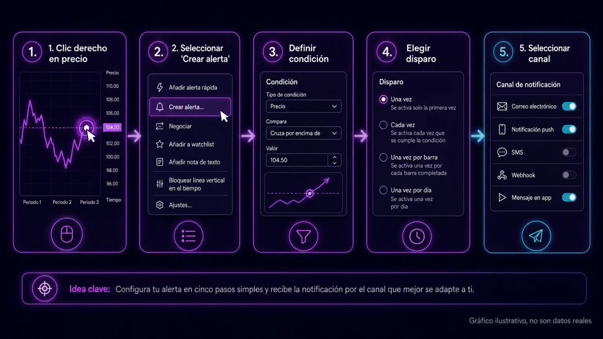 Flujo visual de cinco pasos para crear una alerta: clic derecho en gráfico, seleccionar crear alerta, definir condición, eleg