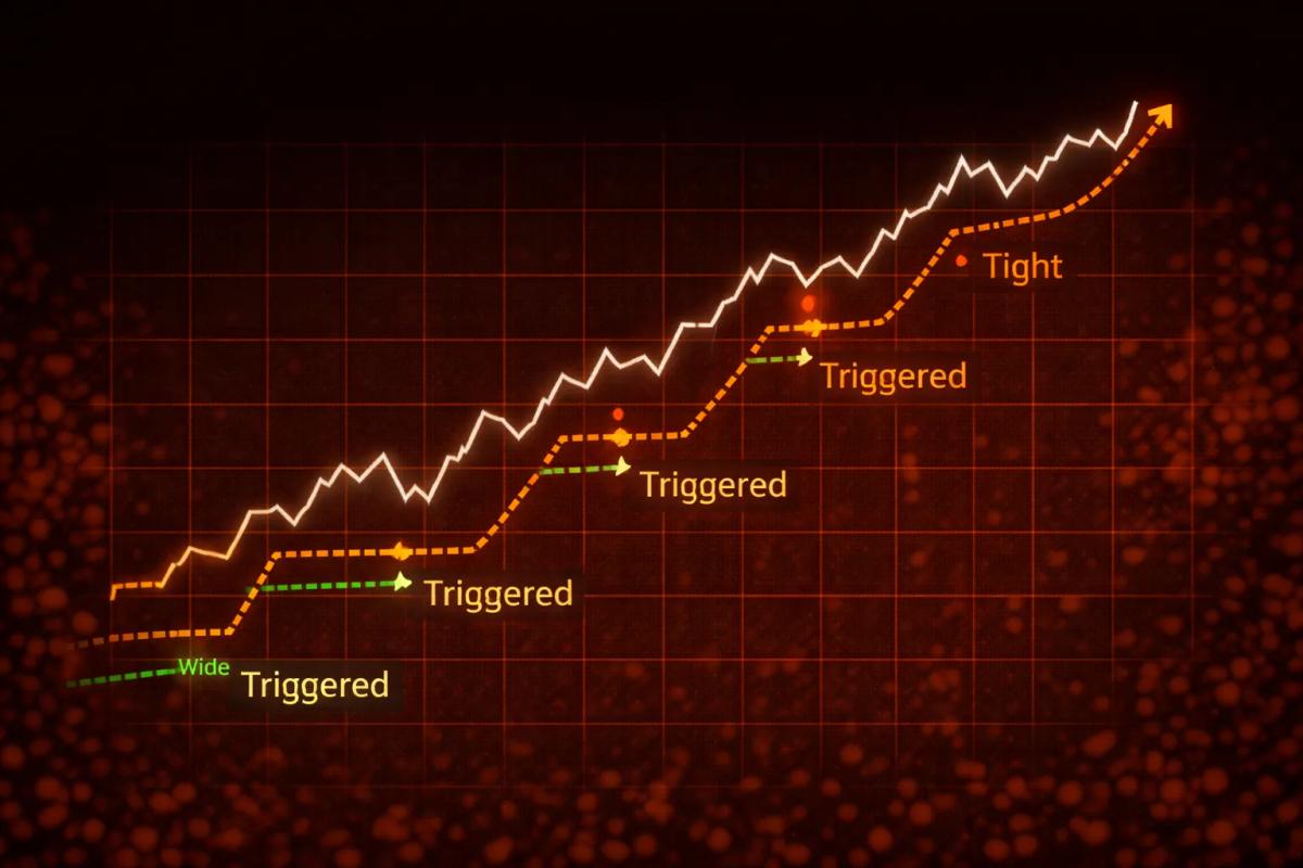 Chart showing how tight, moderate, and wide trailing stop distances trigger at different points during a price pullback
