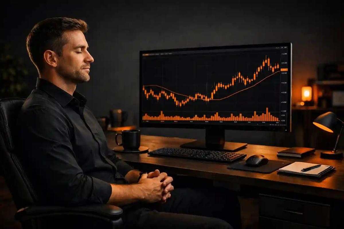 Trader practicing mindfulness at an organized trading desk with a single monitor showing a price chart