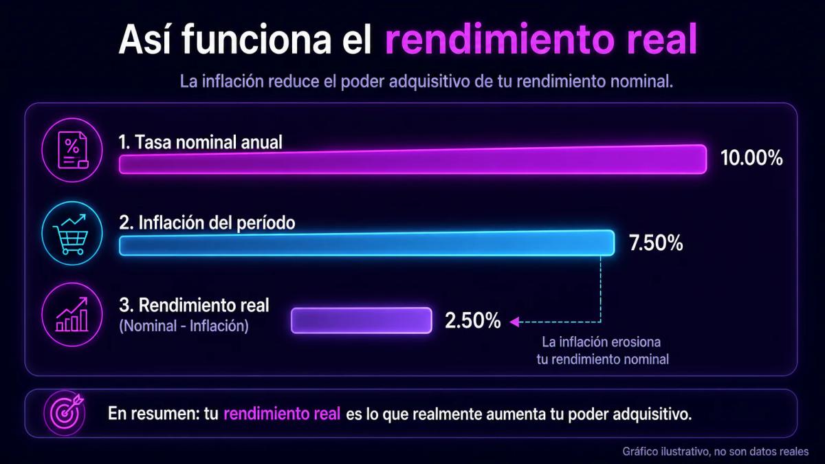 Gráfico editorial que compara tasa nominal, inflación y rendimiento real del plazo fijo en barras horizontales
