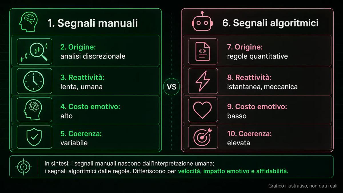Tabella comparativa con due colonne: segnali manuali e segnali algoritmici, con le loro caratteristiche principali etichettat