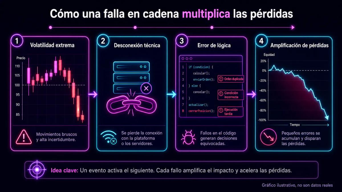 Cascada de riesgo en trading algorítmico: volatilidad de mercado, desconexión de servidor, error de lógica y amplificación de