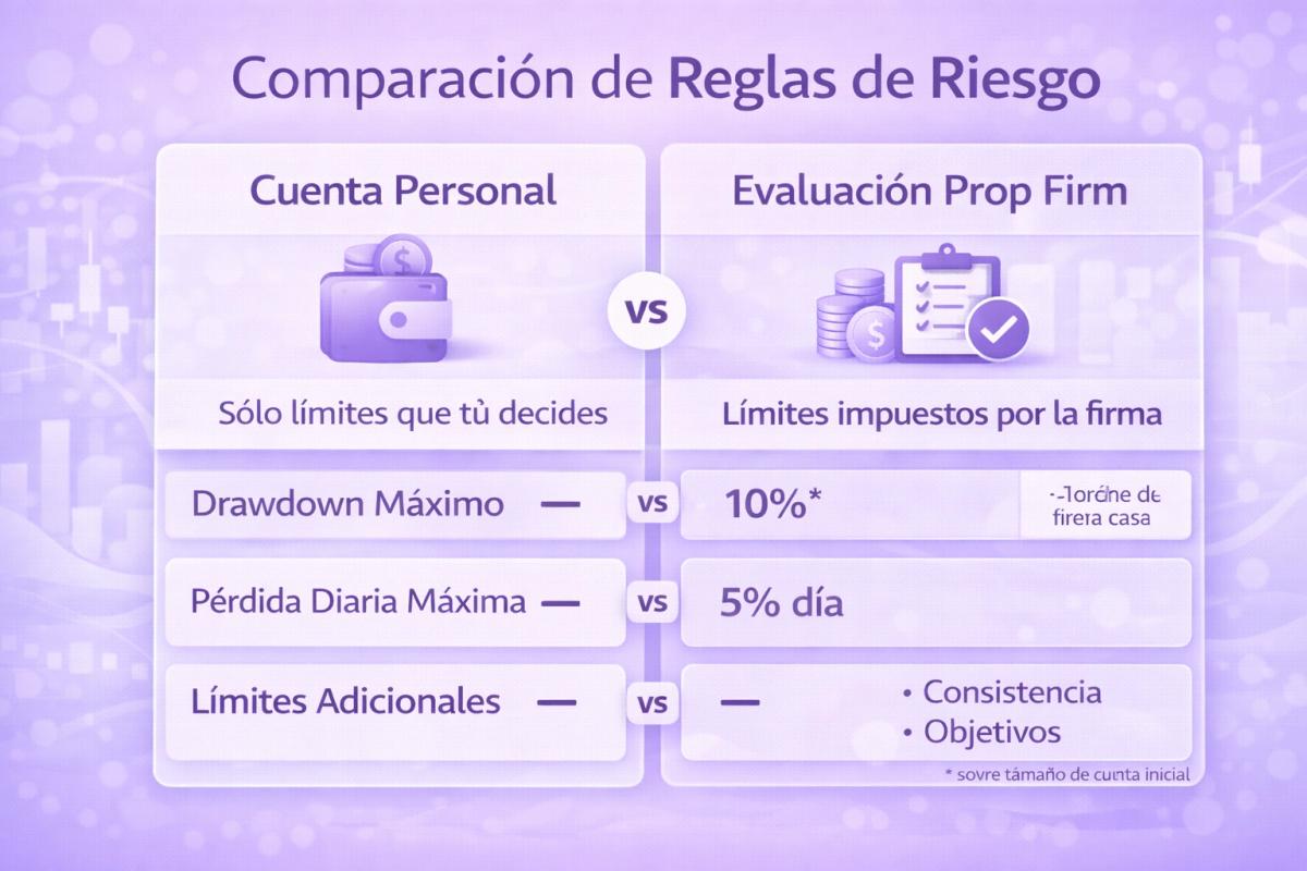 Comparación visual entre reglas de riesgo de cuenta personal vs. evaluación de prop firm