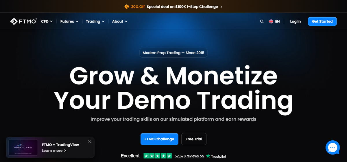 FTMO homepage hero highlighting the Challenge and trader rewards