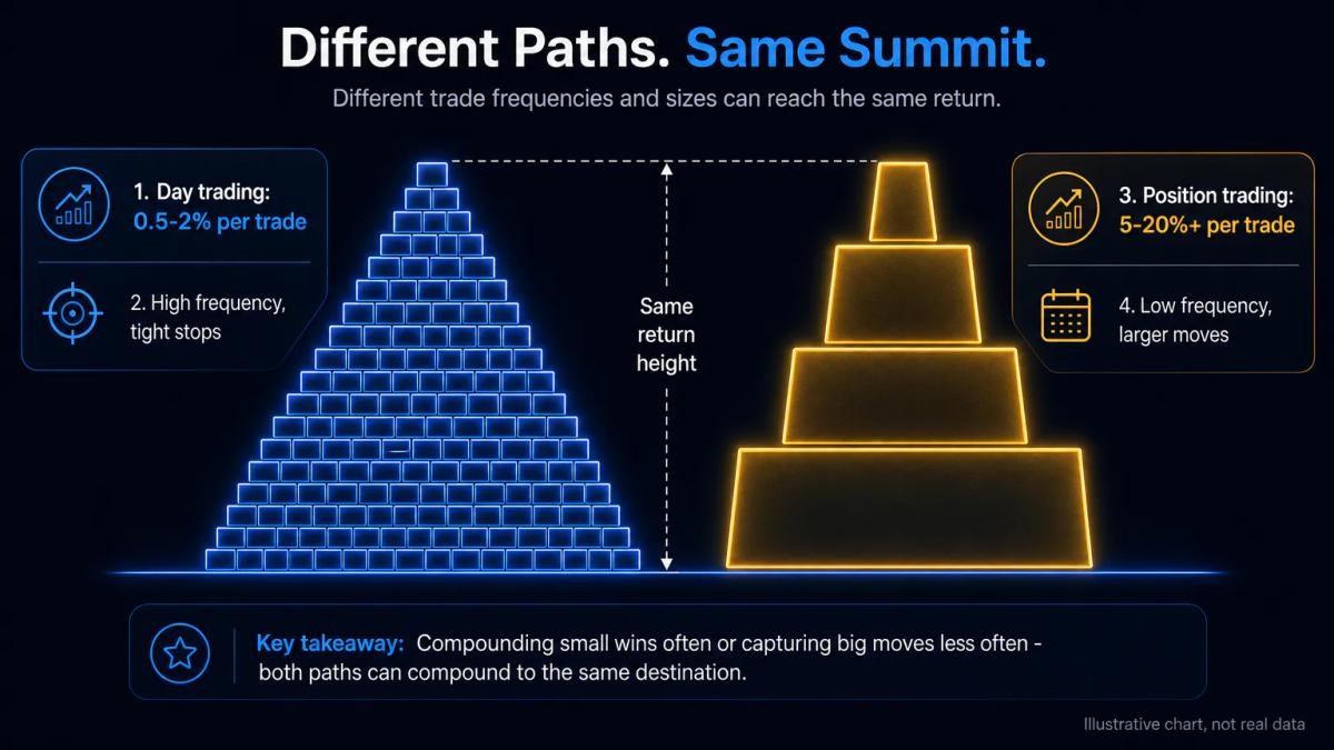 Two side-by-side profit pyramids: left pyramid many small blocks stacked high, right pyramid fewer large blocks reaching same
