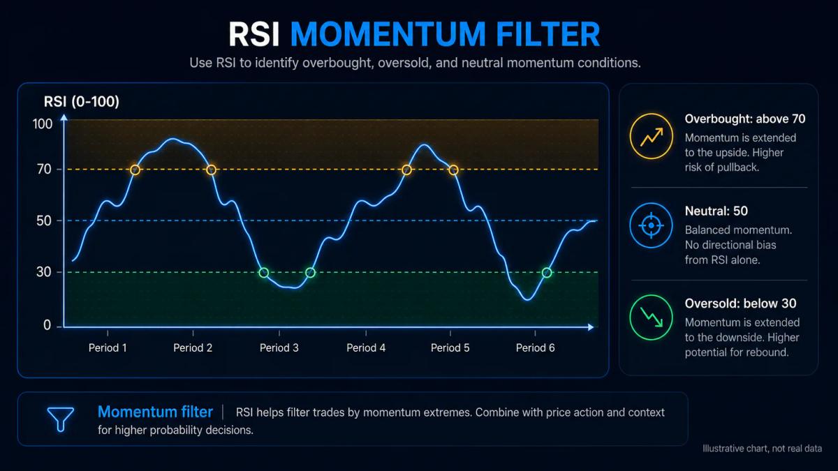 RSI indicator oscillating between 0 and 100 with overbought zone above 70 and oversold zone below 30 marked