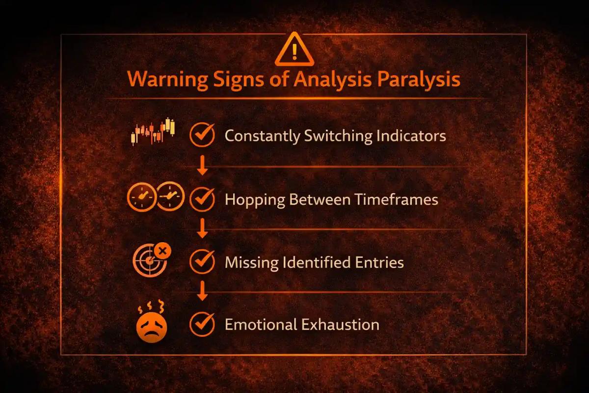 Visual checklist of behavioral and emotional warning signs of analysis paralysis in trading