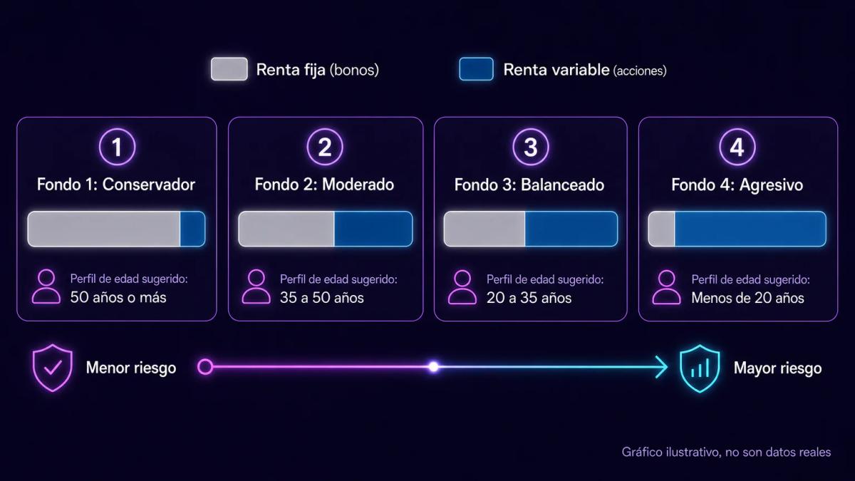 Cuatro fondos de inversión ordenados por riesgo: Fondo 1 conservador con bonos, Fondo 4 agresivo con acciones