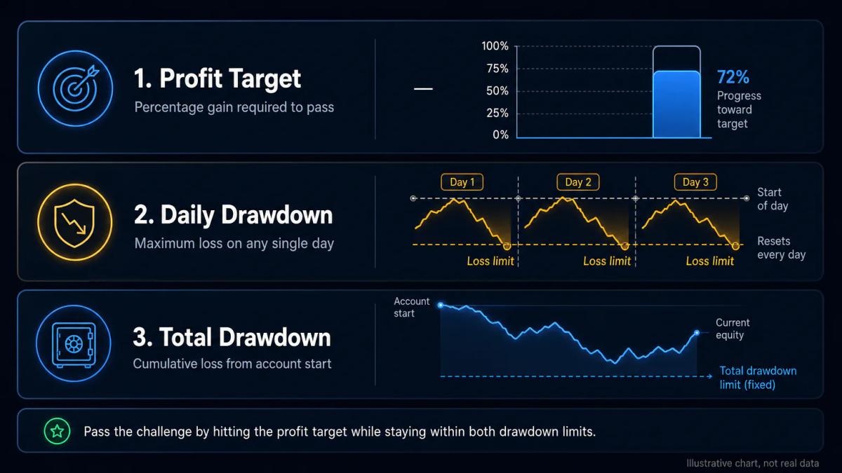 Evaluation rules comparison: profit target percentage, daily drawdown limit, and total drawdown limit as three stacked rule b