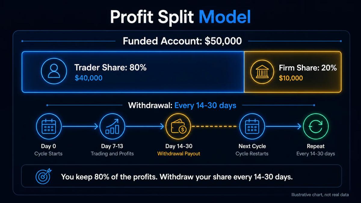 Account sizing and profit split breakdown showing $50,000 account with 80% trader share and 20% firm share