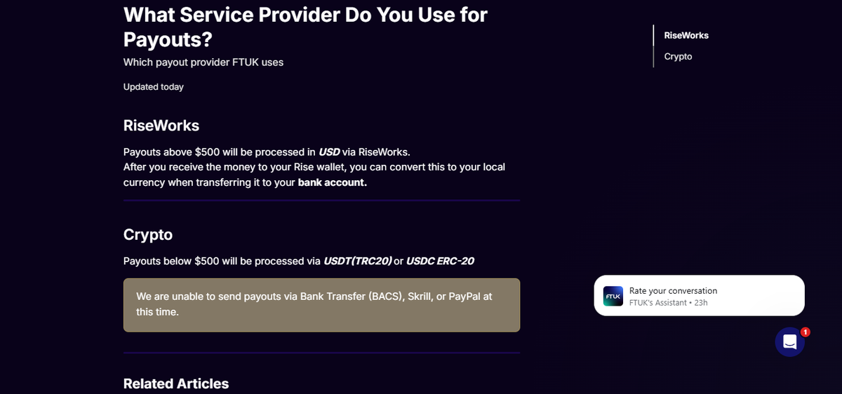 Sección de pagos de FTUK con split base 60%, métodos Rise Pay y criptomonedas, y escalado