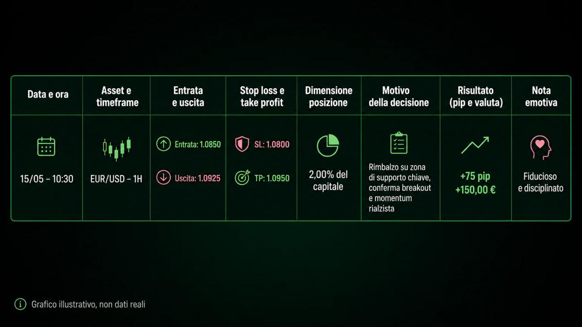 Tabella strutturata con le colonne essenziali di un diario di trading: data, asset, entrata, uscita, stop loss, take profit, 