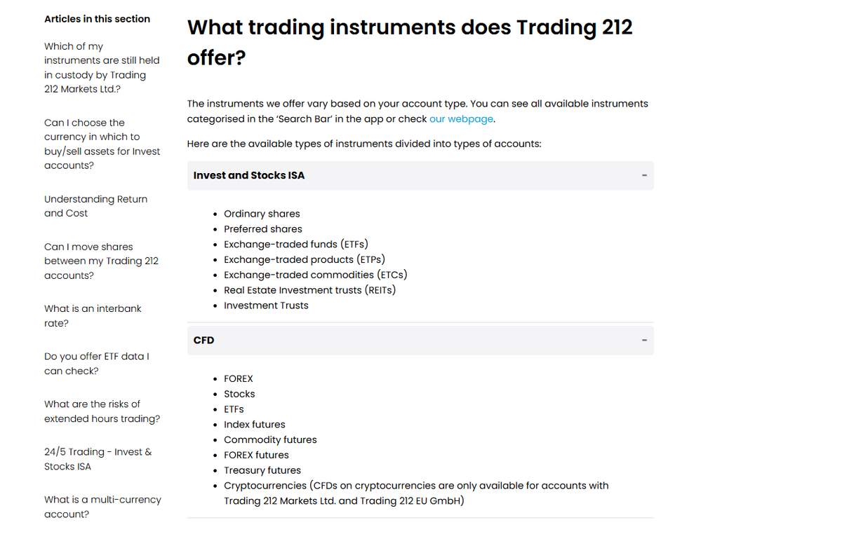 Product offering page listing stocks, ETFs, forex, indices and commodities available