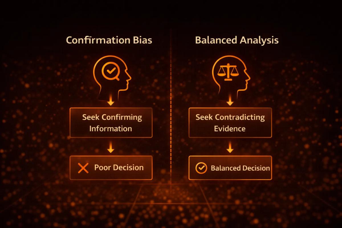 Diagram showing confirmation bias versus balanced analysis in trading