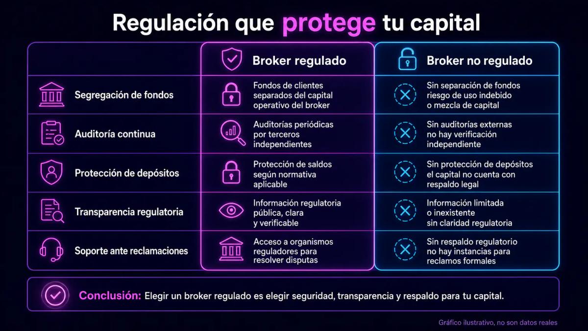 Tabla comparativa de broker regulado versus no regulado con cinco dimensiones clave: segregación de fondos, auditoría, protec