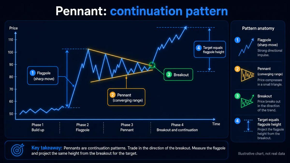 Illustrative chart of a pennant pattern with the flagpole, the small converging pennant and a breakout