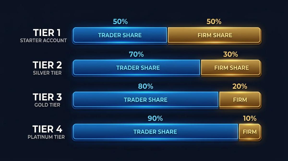 Comparison table showing four profit-split tiers from 50/50 to 90/10 with corresponding account levels