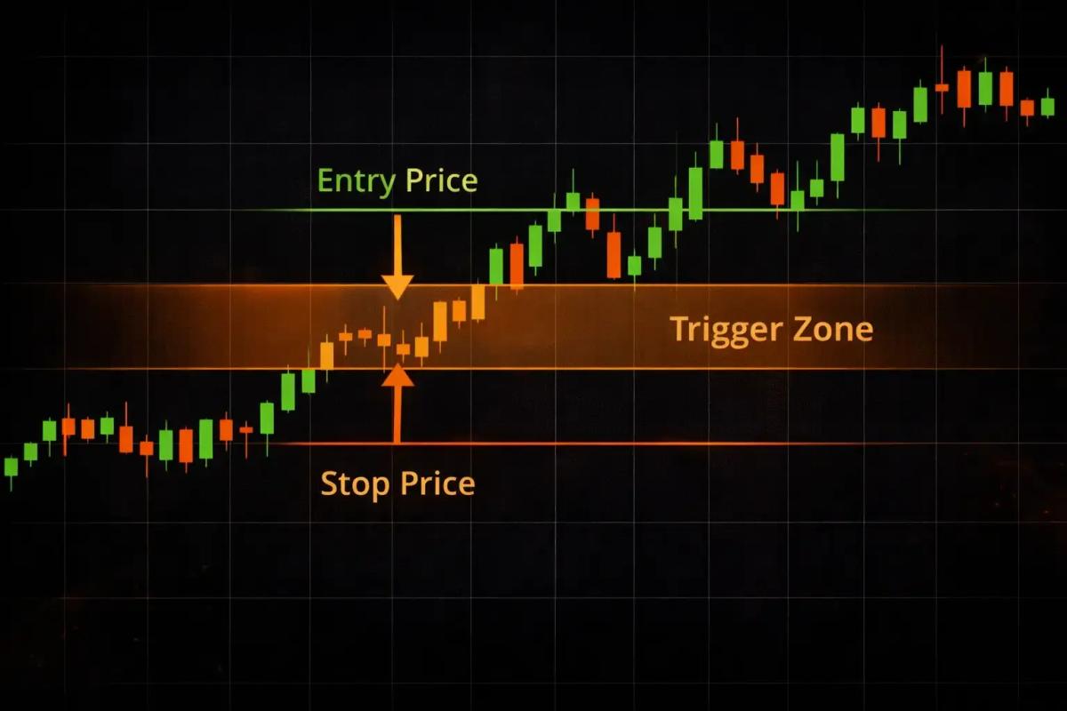 Annotated price chart showing stop-loss order placement below entry price with trigger zone and execution direction arrows