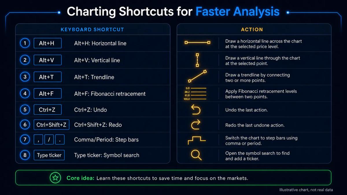 Reference card listing TradingView keyboard shortcuts for drawing tools and chart navigation