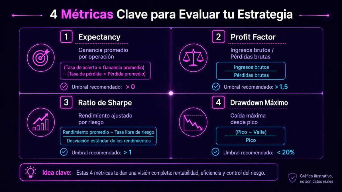 Infografía de cuatro métricas de desempeño: expectancy, profit factor, ratio de Sharpe y drawdown máximo con definiciones y r