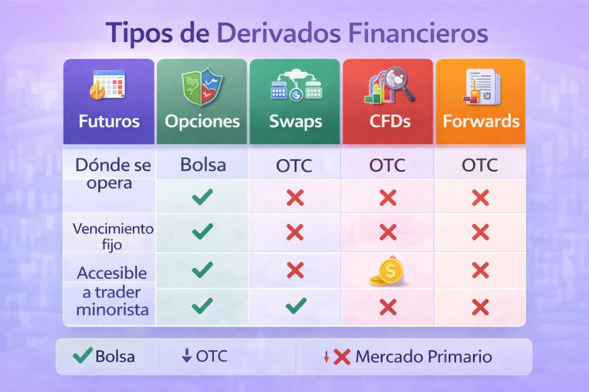 Tabla visual o infografía comparativa de los cinco tipos de derivados financieros (futuros, opciones, swaps, CFDs, forwards) con columnas para dónde se opera, si tiene vencimiento fijo y si es accesible para retail