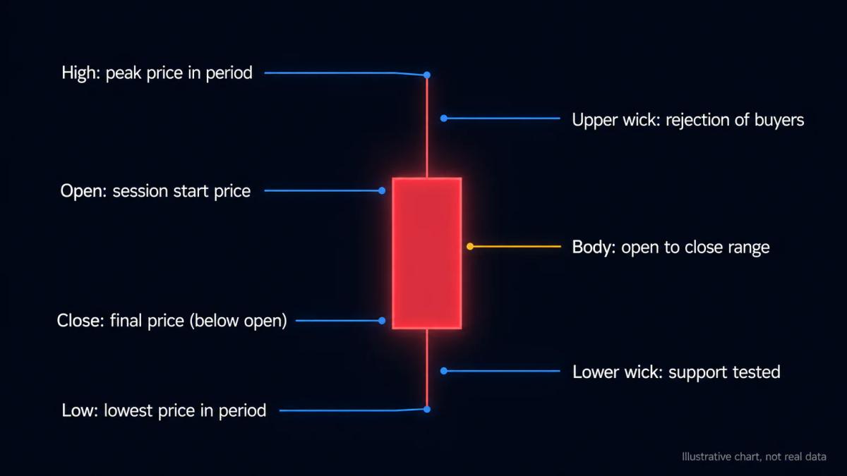 Candlestick anatomy diagram labeling the open, high, low, close, body and wicks of a single candle