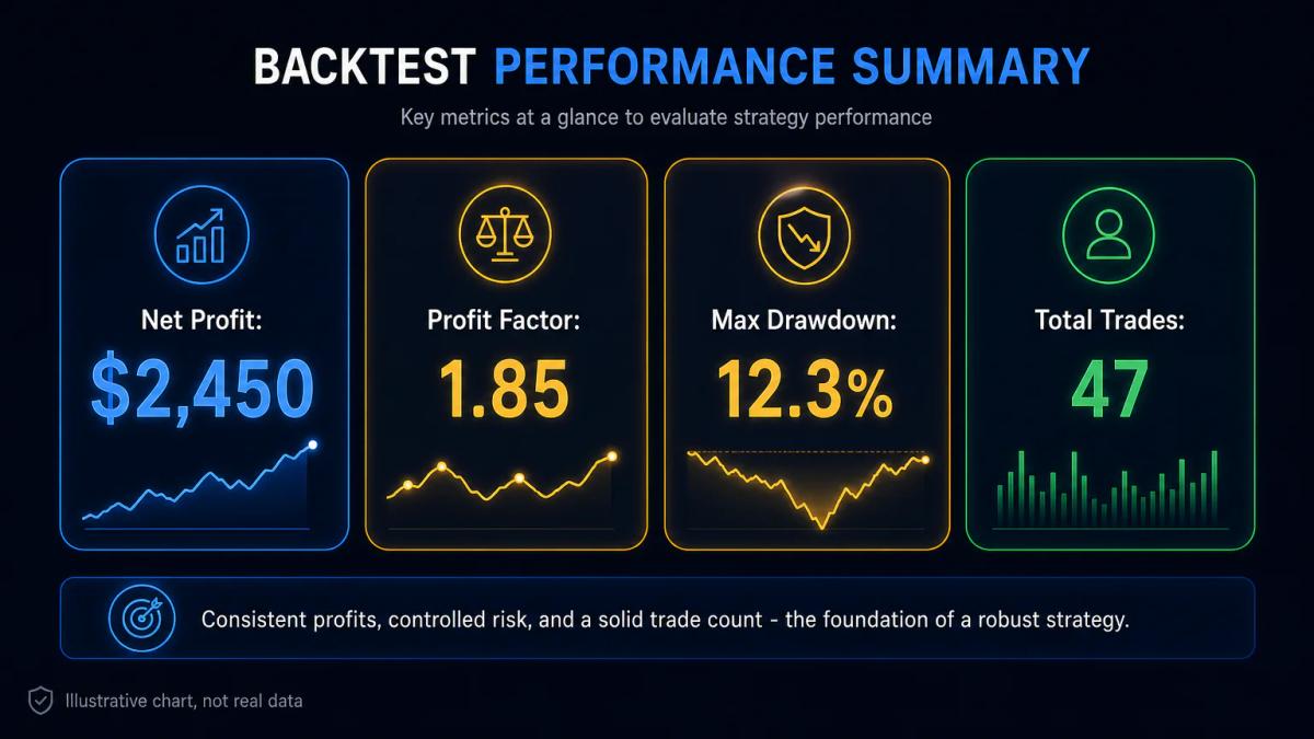 TradingView Strategy Tester panel displaying backtest results with net profit, profit factor, max drawdown and trade count me