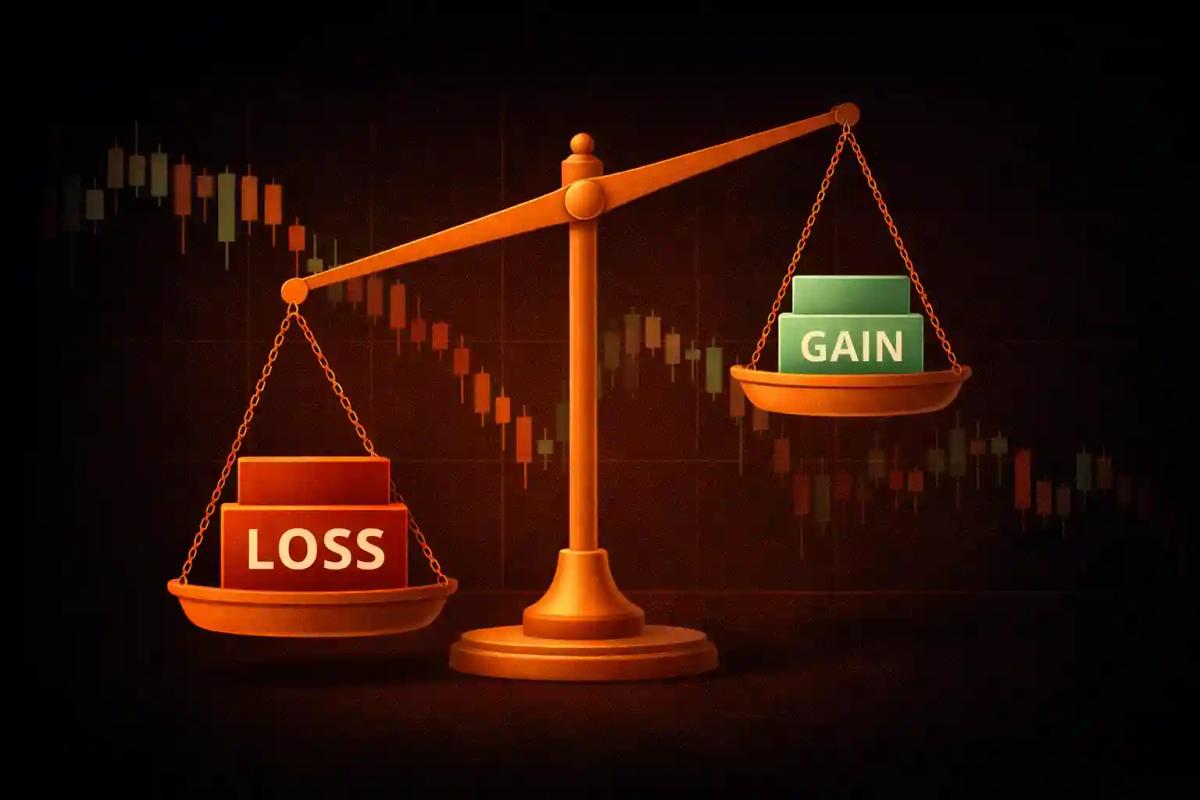 Balance scale tilted toward losses illustrating how loss aversion makes losses feel twice as heavy as equivalent gains in trading
