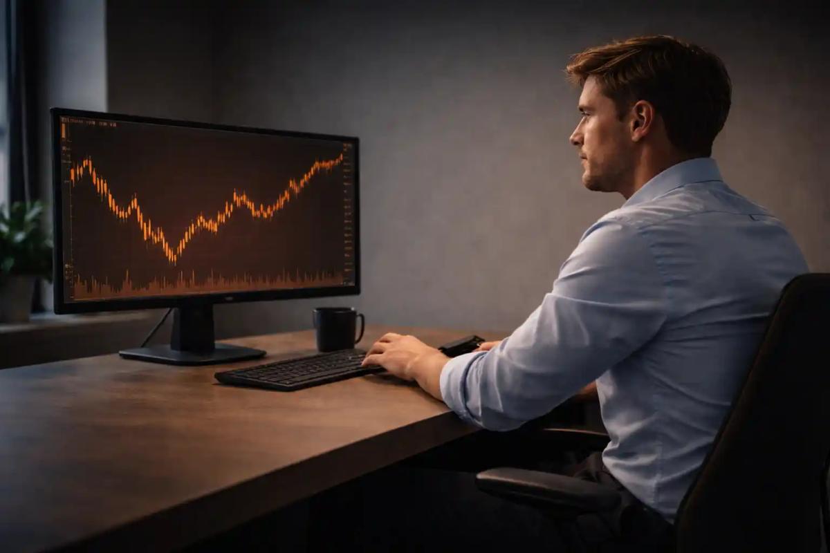 Focused trader sitting calmly at a clean desk with a single monitor showing a trading chart
