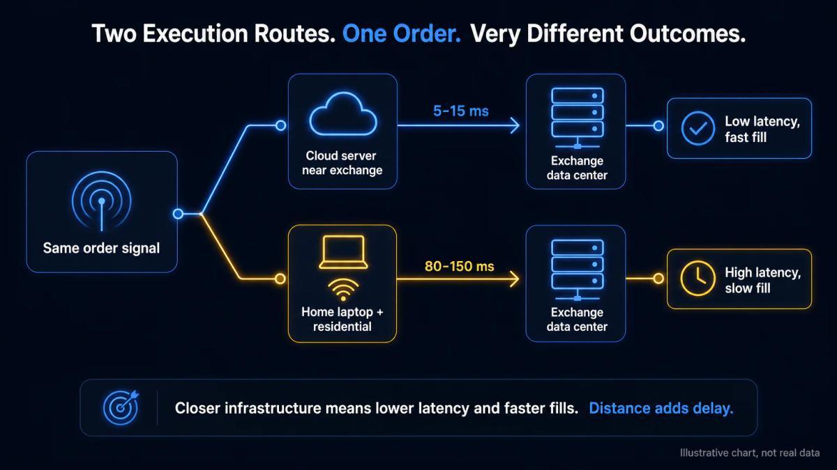Latency comparison: cloud server near exchange executing faster than home laptop over residential internet