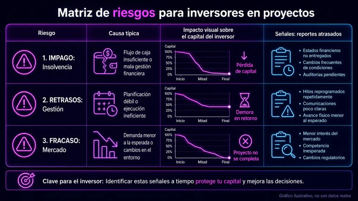 Tabla de riesgos del crowdfunding inmobiliario con tres filas: impago, retrasos y fracaso de proyecto, mostrando causas, impa