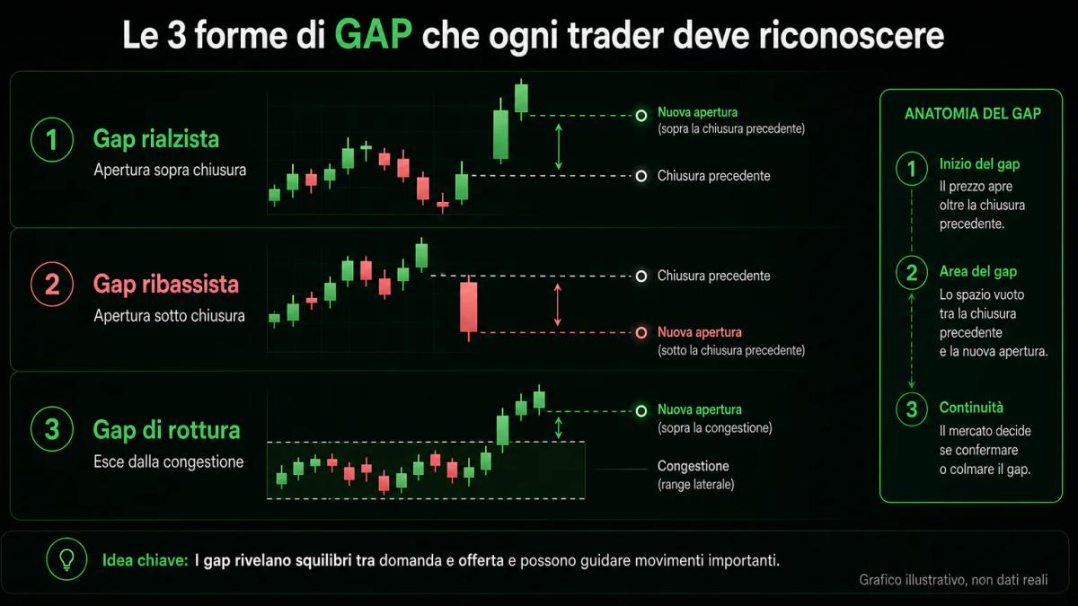 Tre grafici affiancati che mostrano gap rialzista, ribassista e di rottura con le loro caratteristiche visive