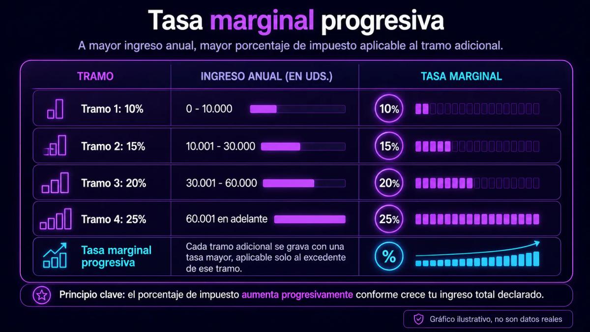 Tabla comparativa de tasas progresivas de impuesto a la renta del 10% al 25% según tramo de ingreso anual